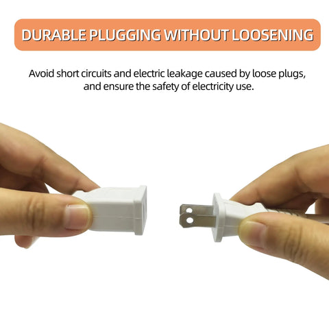 Hands holding 10 Ft Flat White Indoor Extension Cord 2 Prong Power Cable Polarity Safe 1250W 10A For Holiday Lights Lamps Cameras