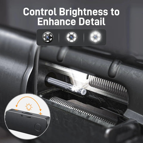 Rifle Borescope USB-C For iPhone 15/16 And Android showing brightness control and LEDs for gun barrel inspection