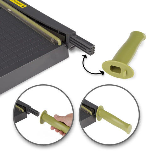 Detachable handle of ClassicCut Lite 12 Inch Guillotine Paper Cutter With 10 Sheet Capacity, showing assembly and green plastic material