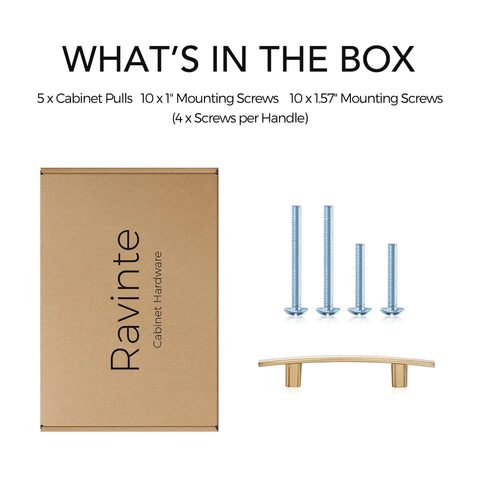Box contents of 5 Pack Champagne Bronze Curved Cabinet Handles For Kitchen Cabinets And Drawer Fronts with mounting screws.