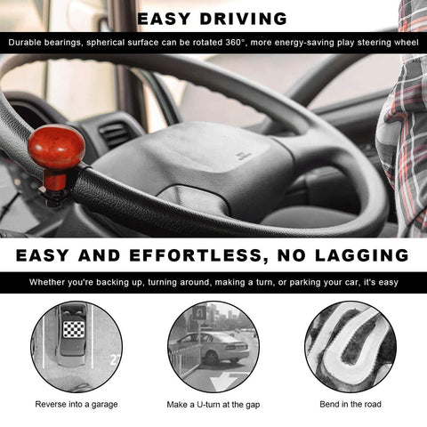 Woodgrain Steering Wheel Spinner Knob With Smooth Ball Power Handle installed on a car steering wheel for easy turns.