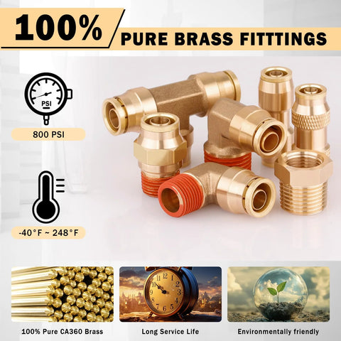 Front view of brass air line fittings kit with push-lock quick-connect connectors, 800 PSI, -40F to 248F.