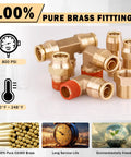 Brass DOT 124 Pcs Air Line Fittings Kit with 100% pure brass fittings, including NPT elbows and unions, shown with specs and icons.