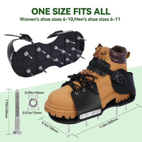 Lawn Aerator Shoes With 26 Spikes For Deep Soil Aeration, Easy To Install With Wrench Included, shown with size details and spike dimensions