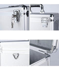 Close-up views of Beefy Heavy Duty Portable Aluminum Tool Chest With Removable Foam Organizer showing locks and handle.