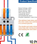 10 Pack Lever Wire Connectors For Quick Wiring Push In Conductor Terminal Block 2 In 4 Out Durable Nylon PA66 Shell With Tinned Copper Conductors And Stainless Steel Springs