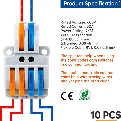 10 Pack Lever Wire Connectors For Quick Wiring Push In Conductor Terminal Block 2 In 4 Out Durable Nylon PA66 Shell With Tinned Copper Conductors And Stainless Steel Springs