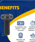 Black stainless steel license plate screw with Phillips pan head, M6-1.0 x 16 mm, next to benefits text on blue background.