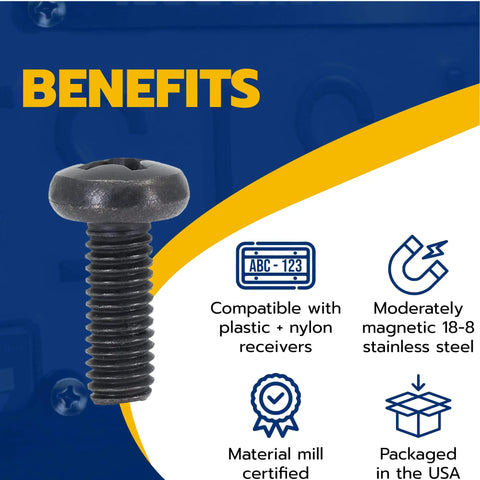 Black stainless steel license plate screw with Phillips pan head, M6-1.0 x 16 mm, next to benefits text on blue background.