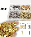 500Pcs Small Brass Antique Mini Hinges With Screws And Screwdriver For DIY Crafts Jewelry Box Cabinet Dollhouse Projects Folding Butt Hinges Durable Metal Hardware For Craft Boxes Home Decor Easy Install set with gold, silver hinges and screws in a box.