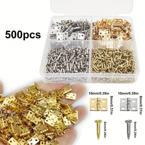 500Pcs Small Brass Antique Mini Hinges With Screws And Screwdriver For DIY Crafts Jewelry Box Cabinet Dollhouse Projects Folding Butt Hinges Durable Metal Hardware For Craft Boxes Home Decor Easy Install set with gold, silver hinges and screws in a box.