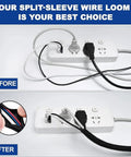 Comparison of cable mess before and after using 10 Ft 1 In Split Cable Loom Hider For USB And Power Cords, Cable Sleeve Protector.