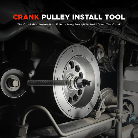 GM Harmonic Balancer Puller And Crank Pulley Install Tool shown in engine bay setup