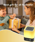 Child receiving gift; All In One Night Light Bedside Lamp With Bluetooth Speaker Digital Alarm Clock Touch Control And 48 Color RGB LED Lights Dimmable TF SD Card Music Player Warm White Glow 12 24 Hour Time Ideal Gift For Teens