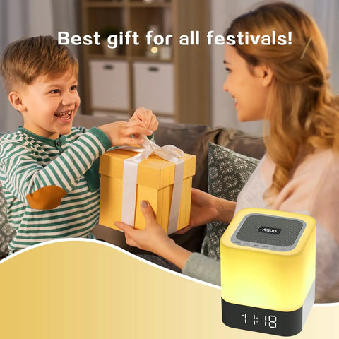 Child receiving gift; All In One Night Light Bedside Lamp With Bluetooth Speaker Digital Alarm Clock Touch Control And 48 Color RGB LED Lights Dimmable TF SD Card Music Player Warm White Glow 12 24 Hour Time Ideal Gift For Teens