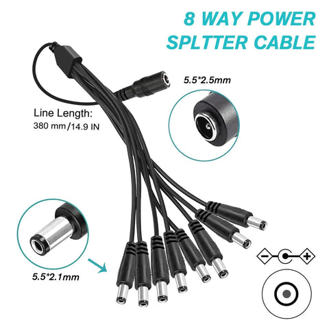 8-way splitter cable for 12V 5A security camera power supply, Lorex Samsung Q See Night Owl Swann Annke, AC 100-240V adapter