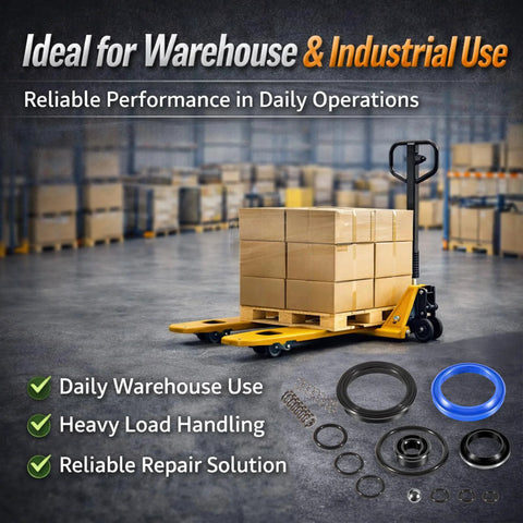 Warehouse scene with pallet jack carrying boxes next to Pro Grade Complete Seal Replacement Kit For Pallet Mule AA5000 And AA5500 Hydraulic Jack Restore Lifting Power And Stop Leaks Fast With Durable Seals And Quick Install For Less Downtime components displayed.
