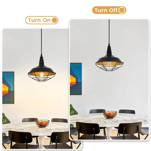 Farmhouse Industrial Pendant Light 2-Pack installed over dining table, on and off, showcasing black wire cage and gold interior.
