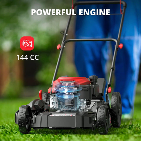 Gas Powered 21 Inch Push Lawn Mower With 144cc OHV Engine 2-In-1 Mulching And Side Discharge, lightweight design in use.
