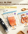 Compact Handheld Vacuum Sealer For Food Storage And Meal Prep, Cordless Portable Sealing System With 10 Reusable Bags and seafood