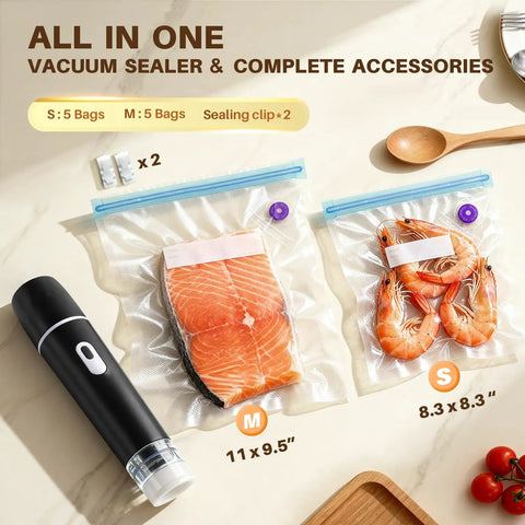 Compact Handheld Vacuum Sealer For Food Storage And Meal Prep, Cordless Portable Sealing System With 10 Reusable Bags and seafood