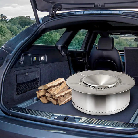 Heat Deflector For Fire Pits And Bonfires, 304 Stainless Steel Diffuser in open car trunk with firewood, portable camping essential