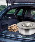 Heat Deflector for 19 to 20.5 Inch Fire Pits with Portable 304 Stainless Steel Diffuser inside car trunk with firewood