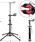 Height Adjustable Bike Repair Stand With Telescopic Arm And Free Tool Tray For Home Bicycle Maintenance And Assembly Beefy And Easy To Use With Adjustable Range From 42.5 To 74.8 Inches, showing dimensions and clamp details.