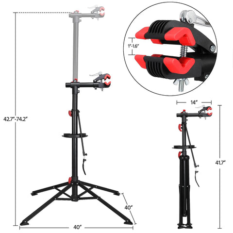 Height Adjustable Bike Repair Stand With Telescopic Arm And Free Tool Tray For Home Bicycle Maintenance And Assembly Beefy And Easy To Use With Adjustable Range From 42.5 To 74.8 Inches, showing dimensions and clamp details.