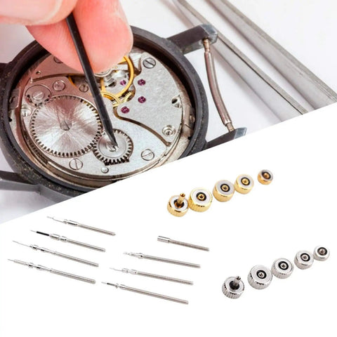 Pro Grade Watch Repair Kit With Stem Extender And Crown Replacement Parts disassembled, crown springs visible