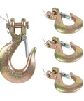 4 Pack 1/4 Inch Clevis Slip Hooks With Safety Latch Grade 70 Forged Steel 12600 Lb Capacity showing secure latch and forged design.