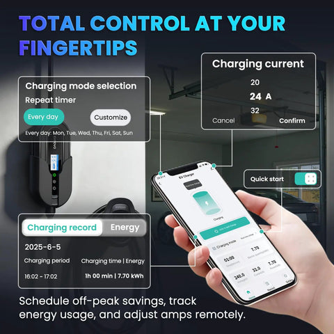 Smartphone app controls Portable Level 2 EV Charger J1772 Charging Station 240V For Home And On The Go ETL Listed with settings display