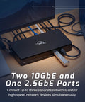Next Level Thunderbolt 5 And Thunderbolt 4 Heavy Duty Network Dock featuring dual 10 Gigabit Ethernet ports and a 2.5GbE port.