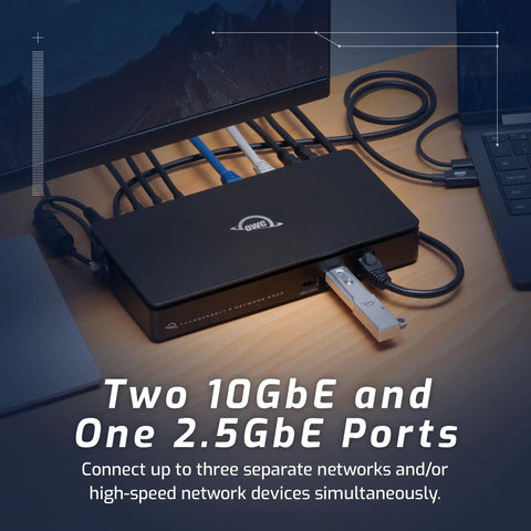 Next Level Thunderbolt 5 And Thunderbolt 4 Heavy Duty Network Dock featuring dual 10 Gigabit Ethernet ports and a 2.5GbE port.