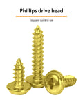Top Shelf Brass Plated Wood Screws For Number 4 X Three Quarters Inch Truss Head Phillips Drive Fasteners, showing three screws.