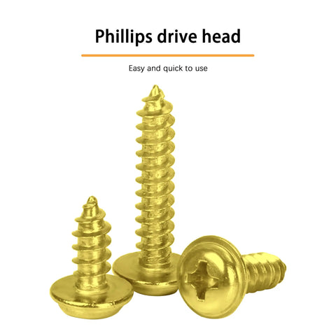 Top Shelf Brass Plated Wood Screws For Number 4 X Three Quarters Inch Truss Head Phillips Drive Fasteners, showing three screws.