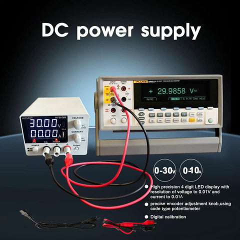 Adjustable DC Power Supply 0 To 30V 0 To 10A with Encoder Knob, 4 Digit LED Display, connected to multimeter, on dark background