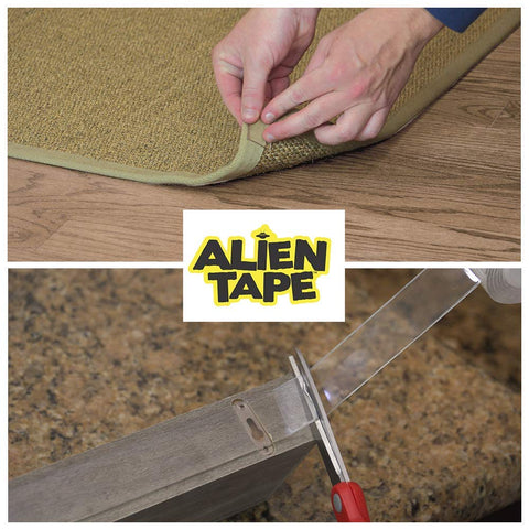 Nano Tech Double Sided Tape Heavy Duty Mounting Tape For Walls And Posters Clear Adhesive Wall Tape in use on carpet and wood trim.