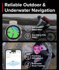 Ocean Dive Computer And Tank Pod Kit With GPS Multisport Watch For Training Underwater Route Tracking Wireless Tank Pressure Monitor Air And Nitrox Support Ideal For Freediving And Snorkeling showing navigation features and underwater route tracking.