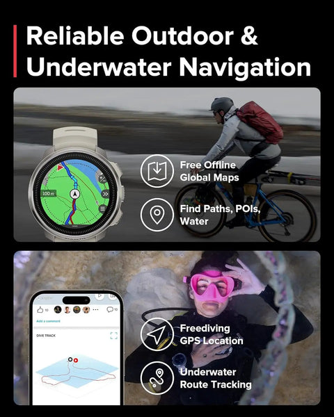 Ocean Dive Computer And Tank Pod Kit With GPS Multisport Watch For Training Underwater Route Tracking Wireless Tank Pressure Monitor Air And Nitrox Support Ideal For Freediving And Snorkeling showing navigation features and underwater route tracking.
