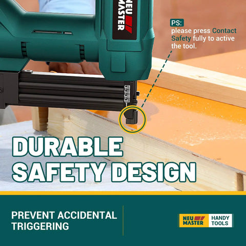 Cordless 2 In 1 Nail Gun And Brad Nailer With Battery Included 20V Max 2Ah in use, focusing on safety design against accidental triggering.