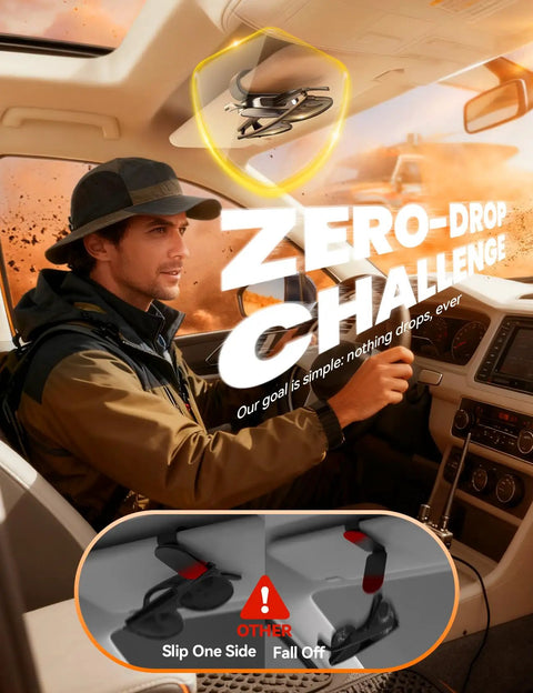 Magnetic Premium Leather Sunglass Holder For Car Visor With Quick Snap Tether helping prevent glasses from falling while driving.