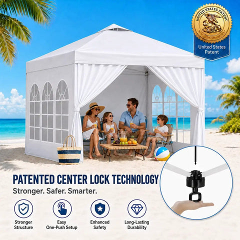 Family enjoying beach under 10x10 Pop Up Canopy With Sidewalls Quick Setup Portable Sun Shade Beach Tent Heavy Duty