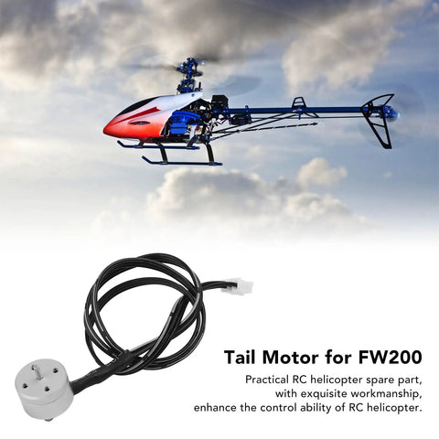 RC Helicopter Tail Motor Replacement For FW200 With Aluminum Alloy Housing in front of a flying helicopter image