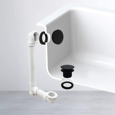 12 Inch And 4 Inch Bath Waste And Overflow Assembly With Tip Toe Drain Plug And Illusionary Faceplate Matte Black Finish 1 Pack Sch 40 PVC Pipe Easy Install For DIY Home Plumbing shown in tub installation