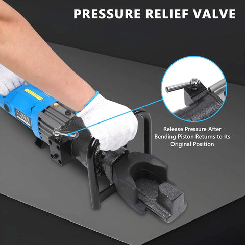 Close-up of pressure relief valve on 5/8 inch electric hydraulic rebar bender for safety operation.