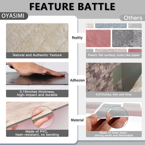 Comparison of Beige Stone PVC Peel And Stick Wall Tiles 30cm x 30cm showing thickness, texture, and material versus others.