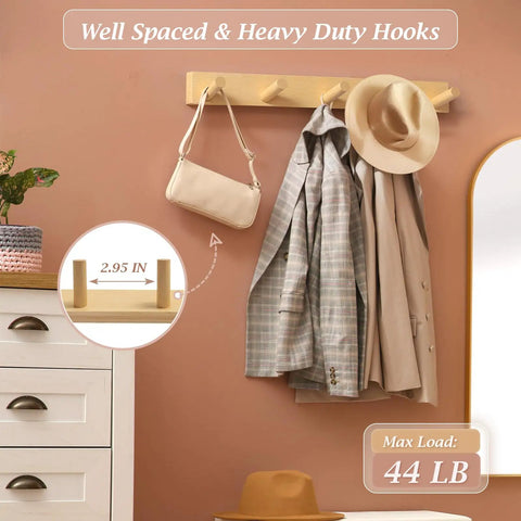 Wall Mounted Wooden Coat Rack With Five Heavy Duty Hooks In Natural Bamboo Finish Sturdy Built To Last With Waterproof Coating Ideal For Entryway Hallway Living Room Decor installed with coats and hat