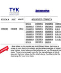 Chart showing approved fitments for FR13 And FR14 Radial Passenger Car Tire Inner Tube With TR13 Valve Stems Dual Pack Multi Fit