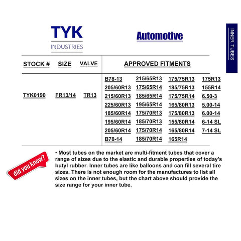 Chart showing approved fitments for FR13 And FR14 Radial Passenger Car Tire Inner Tube With TR13 Valve Stems Dual Pack Multi Fit